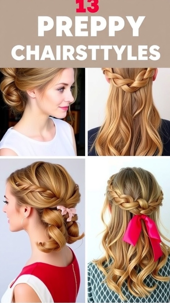 A collection of preppy Christmas hairstyles including a French twist, braided crown, and half-up style with ribbons.